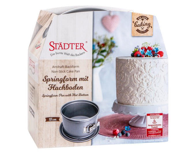 Entdecken Sie die STÄDTER Springform hoch ø 18x10.5 cm in elegantem Silber – ideal für kreative Backideen und besondere Anlässe. Perfekt für kleine Kuchen!