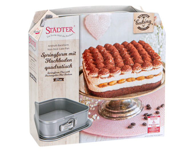 Entdecken Sie die STÄDTER Springform quadratisch 23x23x7 cm in elegantem Silber. Ideal für kreative Backideen und perfekte Ergebnisse!
