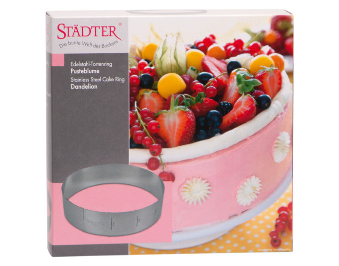 Entdecken Sie den STÄDTER Tortenring Pusteblume – verstellbar von 18 bis 30 cm, ideal für kreative Tortenkreationen und mehrstöckige Meisterwerke!