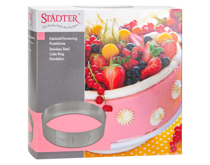 Entdecken Sie den STÄDTER Tortenring Pusteblume, verstellbar von 18 bis 30 cm, ideal für kreative Tortenkreationen und perfekte Ergebnisse!
