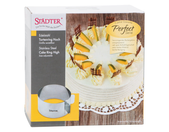 Verstellbarer Tortenring von STÄDTER (ø 15–30x9 cm) – ideal für kreative Tortenkreationen und mehrstöckige Torten. Perfekte Backergebnisse garantiert!