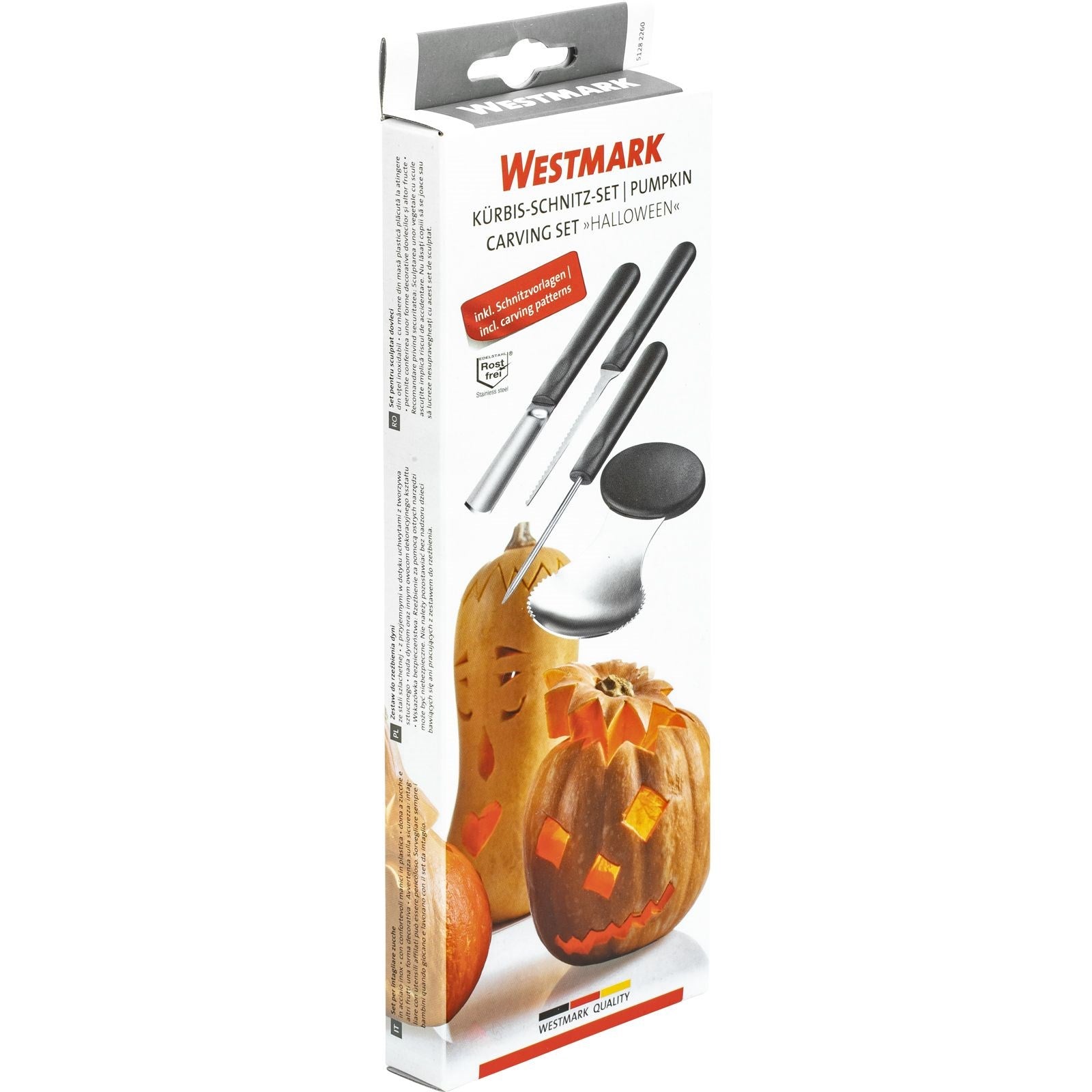 Praktisches 4-teiliges Kürbis-Schnitz-Set von Westmark, ideal für kreative Halloween-Dekorationen und präzises Schnitzen.