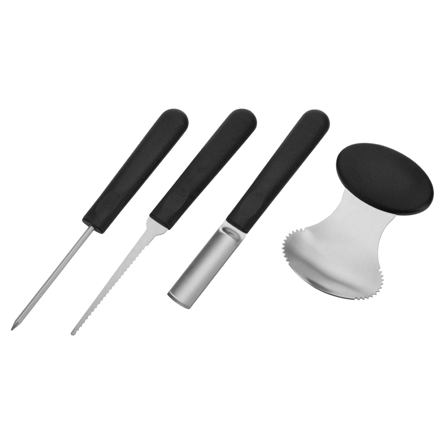 4-teiliges Kürbis Schnitz-Set von Westmark, ideal für kreative Halloween-Dekorationen, bestehend aus verschiedenen Schneide- und Stechwerkzeugen.