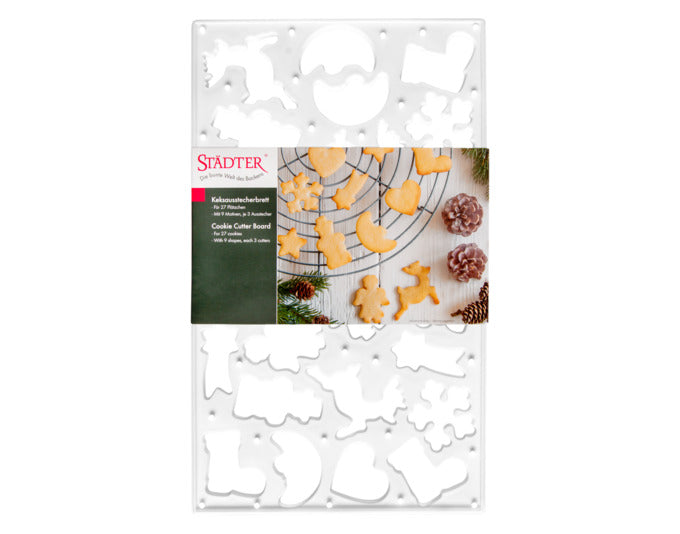 Entdecken Sie das STÄDTER Keksausstecherbrett 37x22 cm mit 9 kreativen Motiven. Ideal für Plätzchen, Fondant und mehr – für unvergessliche Backmomente!