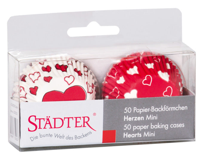 Verleihen Sie Ihren Mini-Muffins mit den roten Papierbackförmchen Mini Herz von STÄDTER einen romantischen Touch. Ideal für besondere Anlässe!