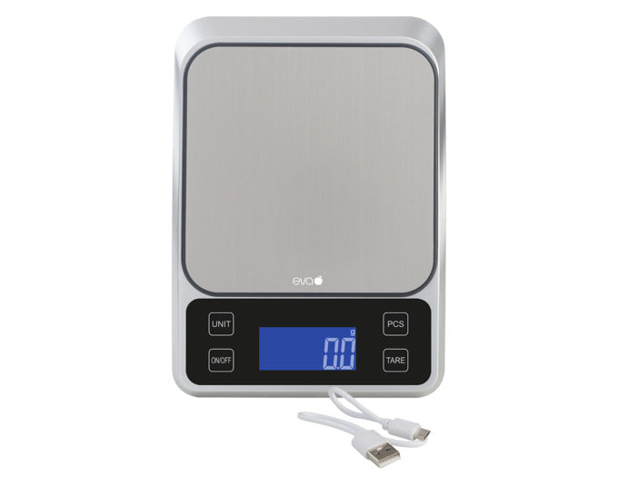 EVA Küchenwaage Präzision digital aufladbar Micro-USB-Kabel 3 kg 0.1 g silber 21x15x3 cm in präsentiert im Onlineshop von KAQTU Design AG. Waage ist von EVA