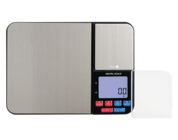 EVA Küchenwaage / Feinwaage 2 Wiegeplattformen 5 kg 0.01 g und 500 g / 0.01 g Edelstahl in präsentiert im Onlineshop von KAQTU Design AG. Waage ist von EVA
