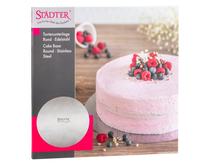 Entdecken Sie die STÄDTER Tortenunterlage ø 32 cm aus Edelstahl – ideal für sicheres Dekorieren und Transportieren Ihrer Torten und Kuchen.