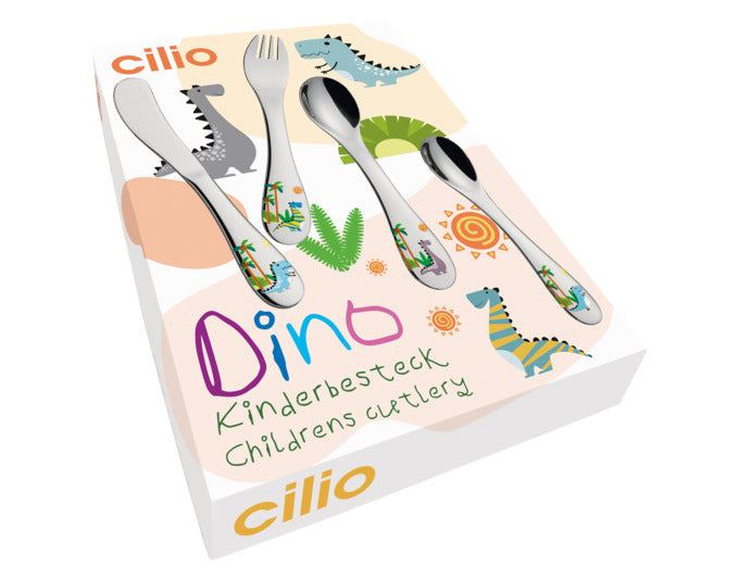 Entdecken Sie das CILIO Kinderbesteck Dino 4-teilig – ideal für kleine Esser! Mit fröhlichen Dinosaurier-Motiven und ergonomischem Design macht es das Essenlernen zum Vergnügen.