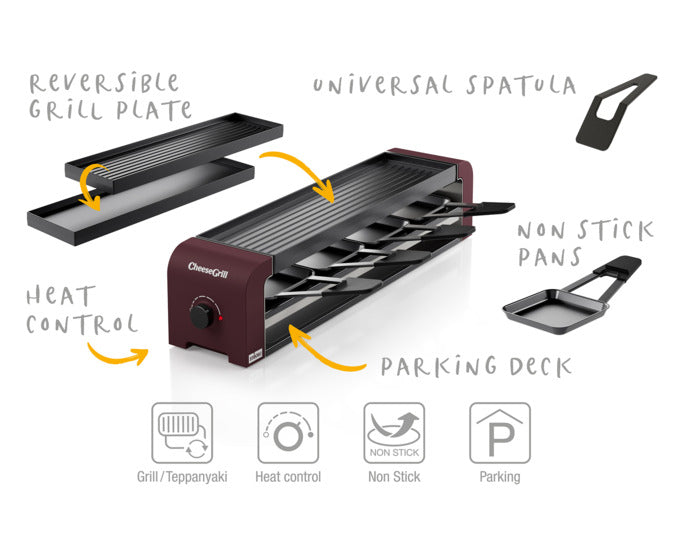 Entdecken Sie den STÖCKLI CheeseGrill 4 in Merlot Rot – der perfekte Racletteofen für gesellige Abende mit Freunden und Familie. Genießen Sie köstliche Grillgerichte und geschmolzenen Käse in elegantem Design.