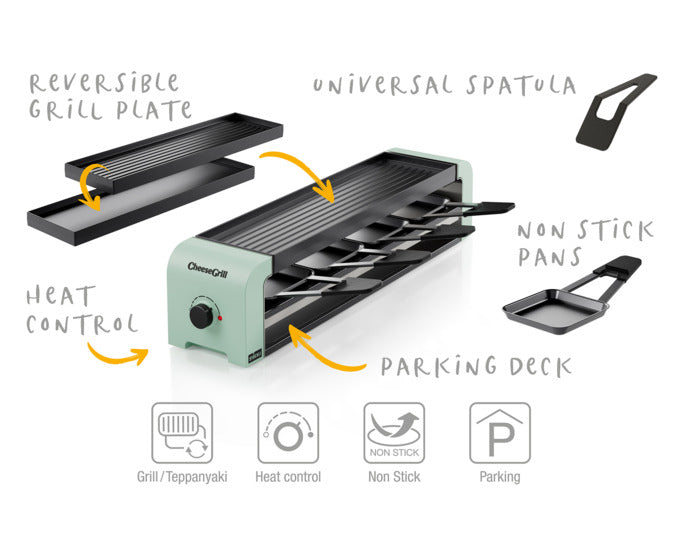 Entdecken Sie den STÖCKLI CheeseGrill 4 in mint green – ideal für gesellige Raclette- und Grillabende mit bis zu vier Personen. Genießen Sie köstlichen Käse und vielseitige Grillmöglichkeiten!