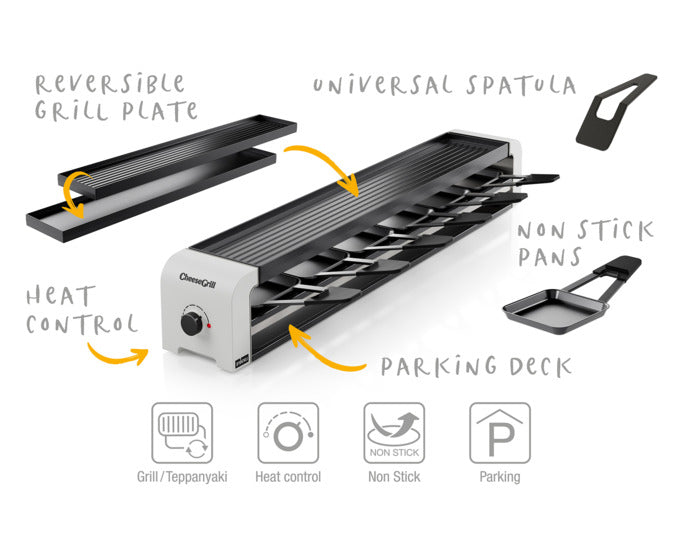 Genießen Sie gesellige Abende mit dem STÖCKLI CheeseGrill 6. Ideal für bis zu 6 Personen, bietet er vielseitige Grillmöglichkeiten und elegantes Design.