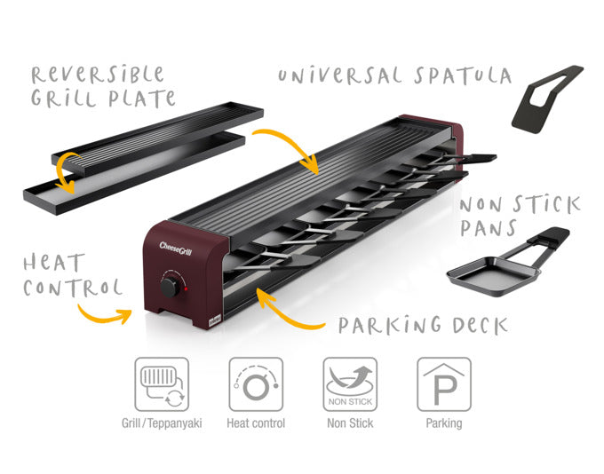 Entdecken Sie den STÖCKLI CheeseGrill 6 in Merlot Rot – ideal für gesellige Raclette-Abende mit bis zu 6 Personen. Modernes Design, einfache Handhabung!