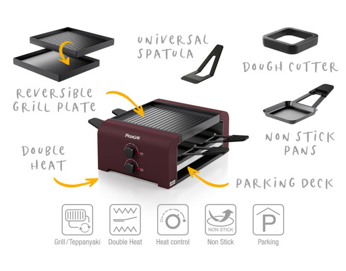 Entdecken Sie den STÖCKLI PizzaGrill 4 in Merlot Rot – das ideale Tischgrillgerät für gesellige Abende mit Mini-Pizzas und Raclette! Vielseitig und benutzerfreundlich.