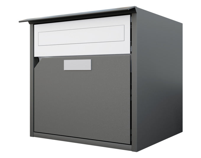 Aluminium-Briefkasten dunkelgrau metallic mit flacher Front, Regenschutzleiste und pulverbeschichtetem Gehäuse sowie Ablagefachtüre.