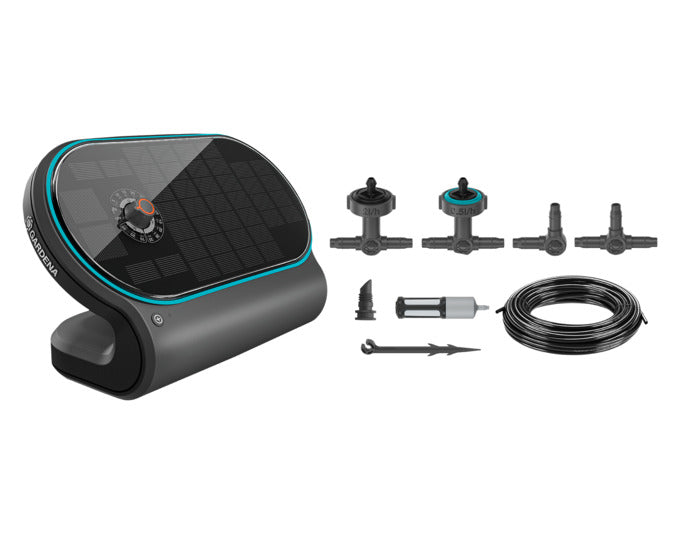 Das GARDENA AquaBloom L Set bietet solarbetriebene Bewässerung für Pflanzen, ideal für Balkone und Terrassen.