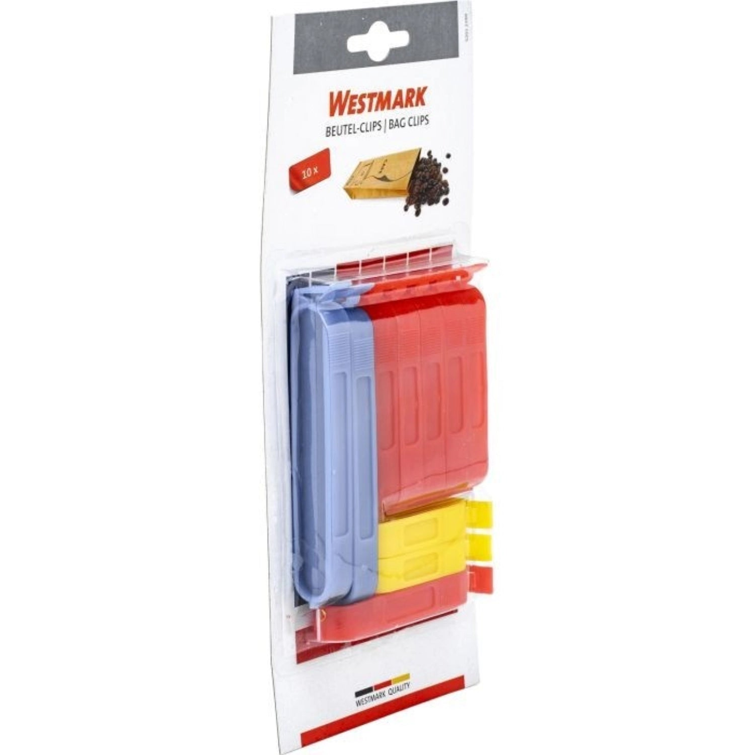 Pack of 10 bag clips in three sizes, 2x blue, 6x red, 2x yellow
