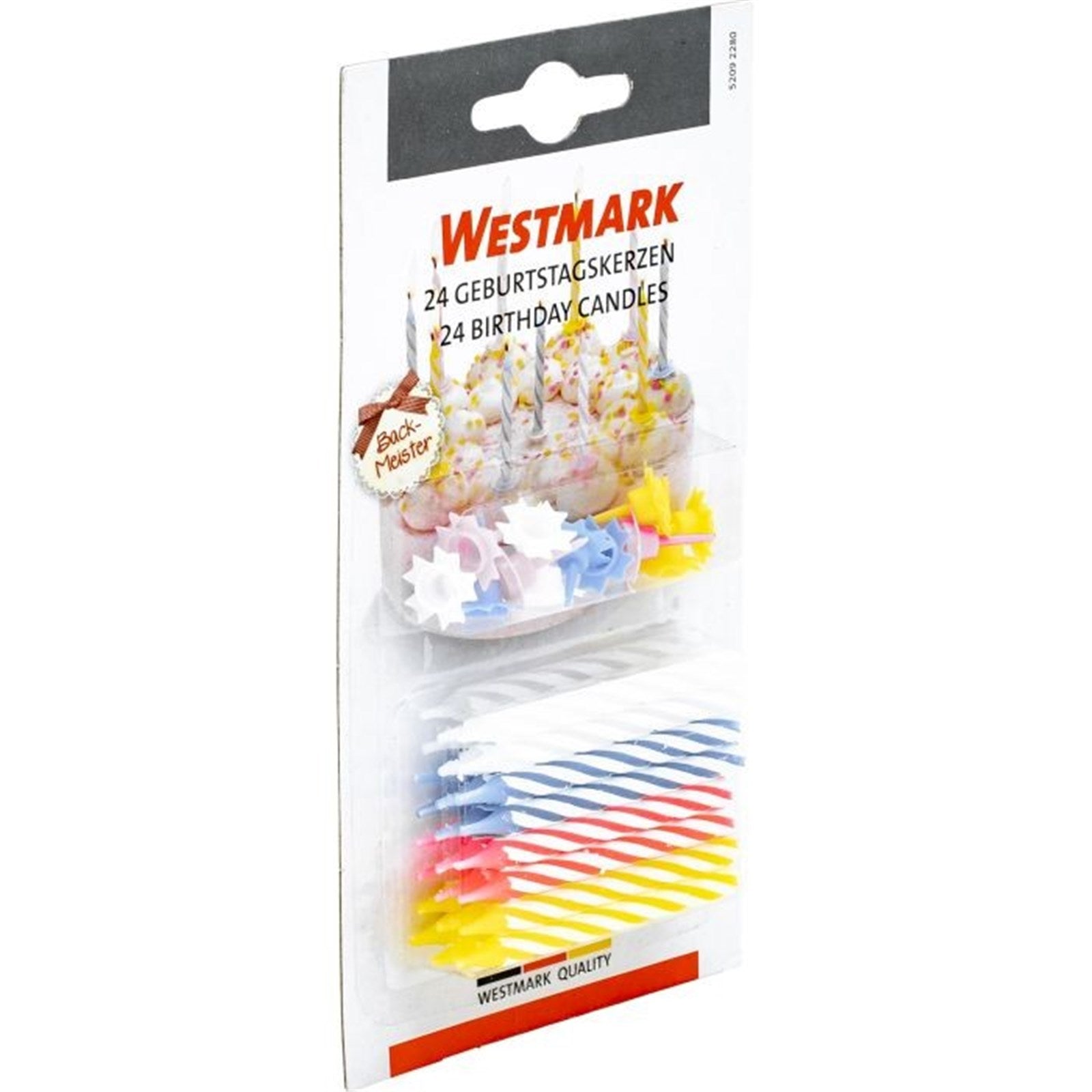 Buntes 24-teiliges Kerzenset von Westmark, ideal für Geburtstage und Feiern, mit praktischen Haltern für sicheres Platzieren.