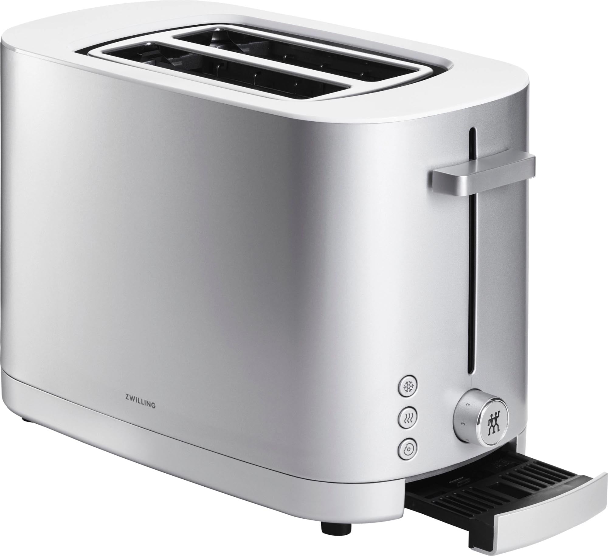 Zwilling Enfinigy Toaster 2: Silber, modern, mit Brötchenaufsatz.