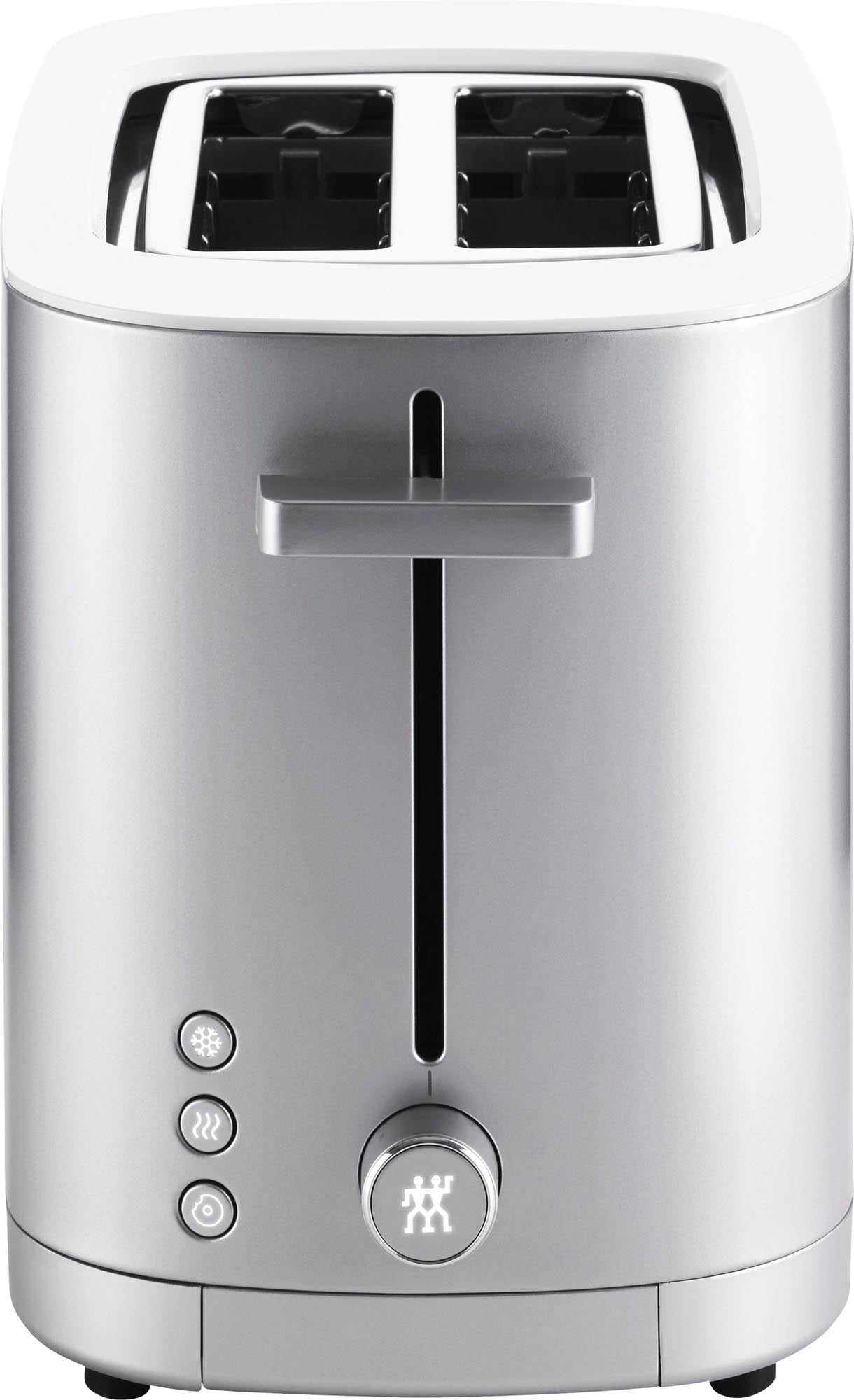 Zwilling Enfinigy Toaster 2: Stilvoller Silbertoaster mit Aufsatz.
