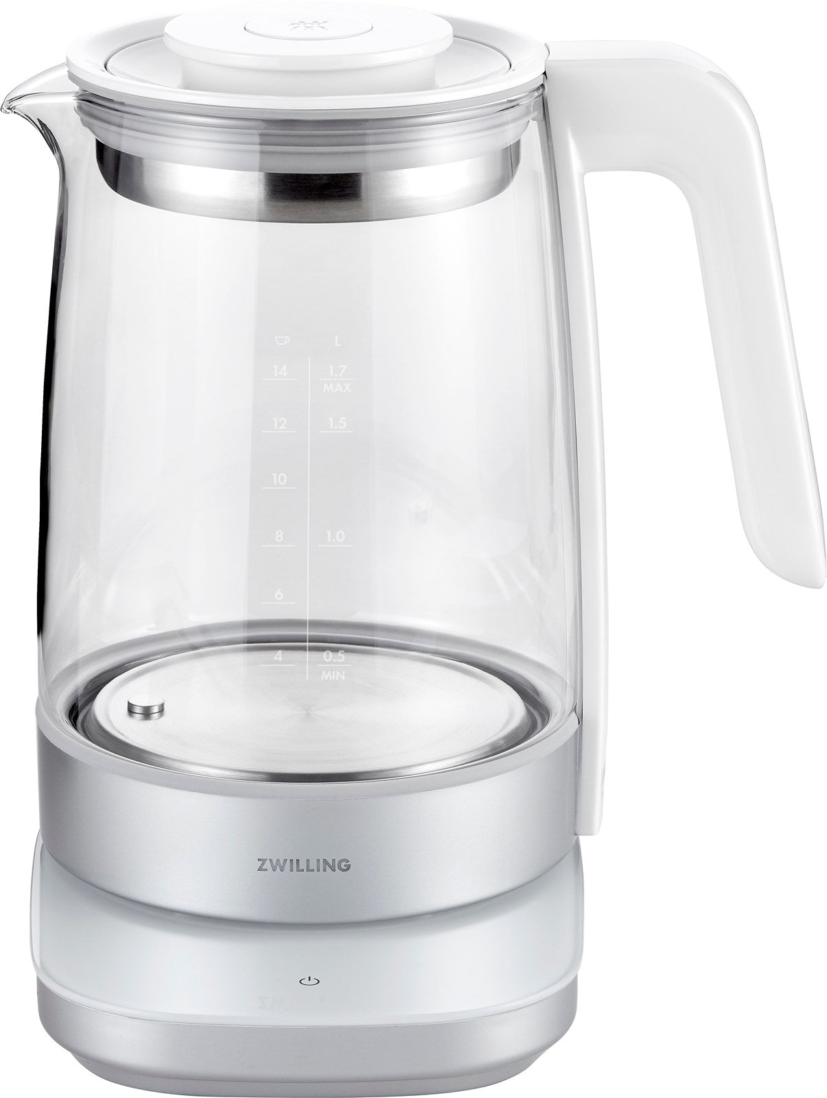 Zwilling Enfinigy: Stilvoller 1.7l Glas-Wasserkocher in Weiss.