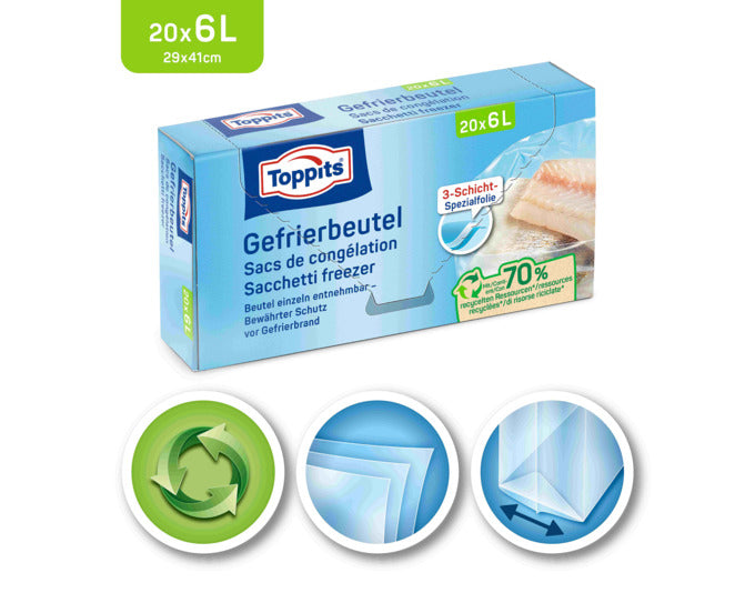 Sichern Sie die Frische Ihrer Lebensmittel mit den reißfesten Toppits® Gefrierbeuteln 6 l. Ideal für Obst, Gemüse und mehr!