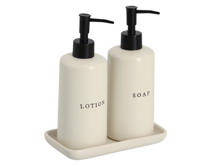 ZELLER Seifenspender Set 3-teilig Keramik creme 18x9.5x21.5 cm in präsentiert im Onlineshop von KAQTU Design AG. Badzubehör ist von ZELLER PRESENT