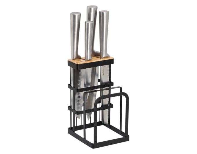 Entdecken Sie den ZELLER Messerblock aus Metall und Bambus – stilvoll, kompakt und ideal für Ihre Küche. Perfekte Ordnung für Messer und Brettchen!