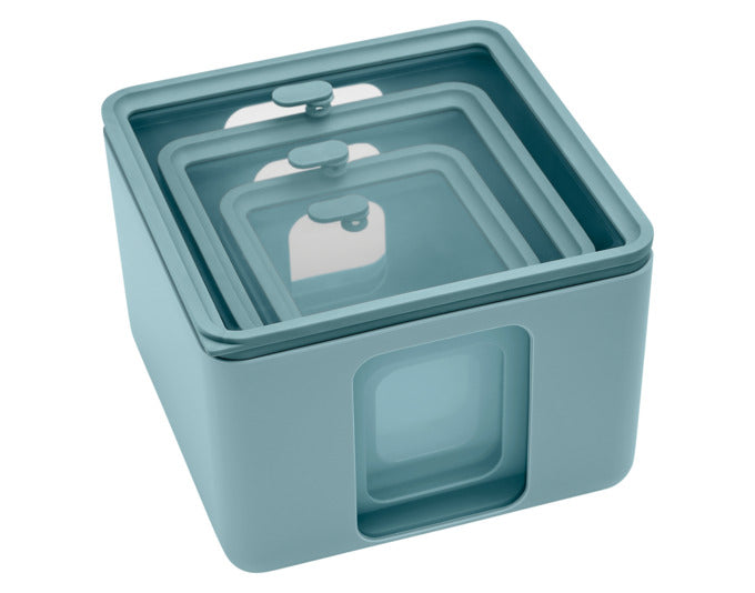 Entdecken Sie das BLIM PLUS Vorratsdosen Set Quadro Combo XS-S-Mt in teal. Ideal für moderne Küchen, stapelbar, mikrowellengeeignet und umweltfreundlich.
