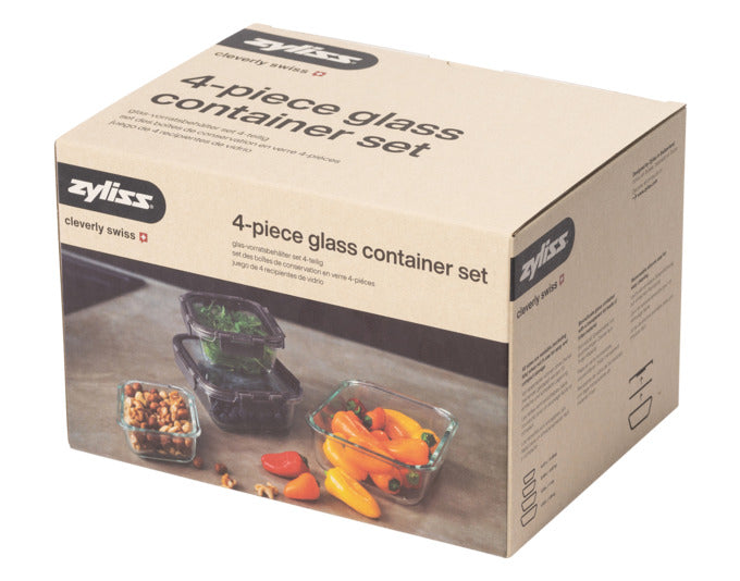 Entdecken Sie das ZYLISS Vorratsbehälter Glas 4er Set – ideal für frische Lebensmittelaufbewahrung, vielseitig einsetzbar und stilvoll für jede Küche.