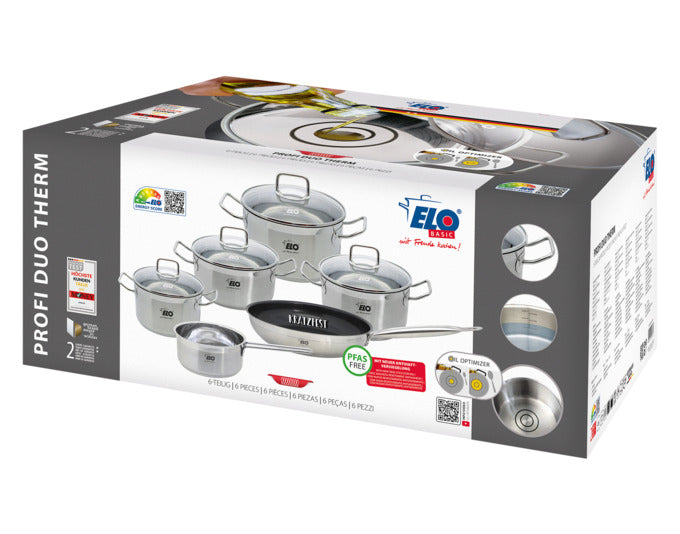 Entdecken Sie das ELO Profi Duo Therm 6-teilige Topfset – ideal für alle Herdarten, langlebig und spülmaschinengeeignet. Kochen leicht gemacht!