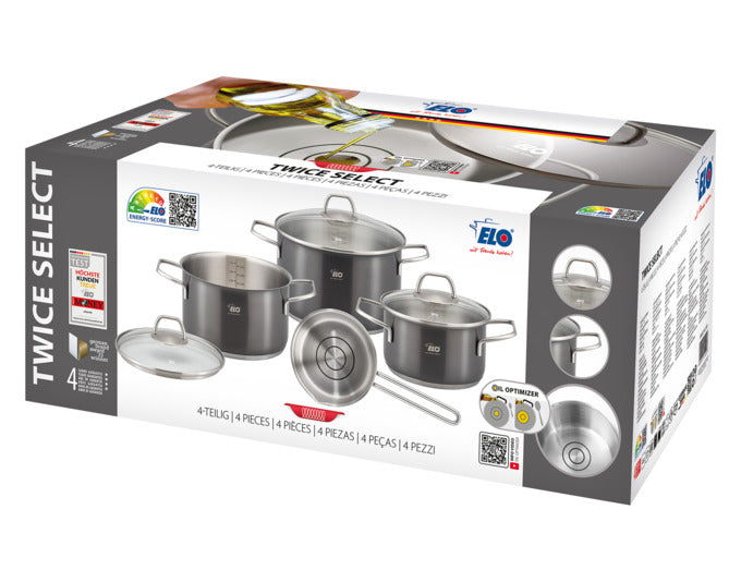 Entdecken Sie das ELO Topfset Twice Select 4-teilig – ideal für gesundes Kochen mit praktischen Funktionen und hochwertiger Verarbeitung.