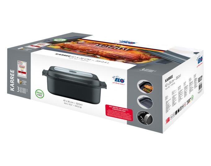 Vielseitiger ELO Rechteckbräter aus Aluguss, 42x26x12,2 cm, mit innovativem Grilldeckel. Perfekt für köstliche Brat- und Grillgerichte!