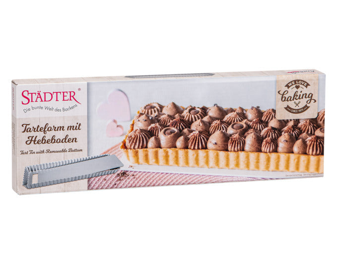 Entdecken Sie die STÄDTER Tarteform mit Hebeboden (35.5x11.5x2.5 cm) – ideal für perfekte Tartes und Quiches. Hochwertige Antihaftbeschichtung für müheloses Backen!