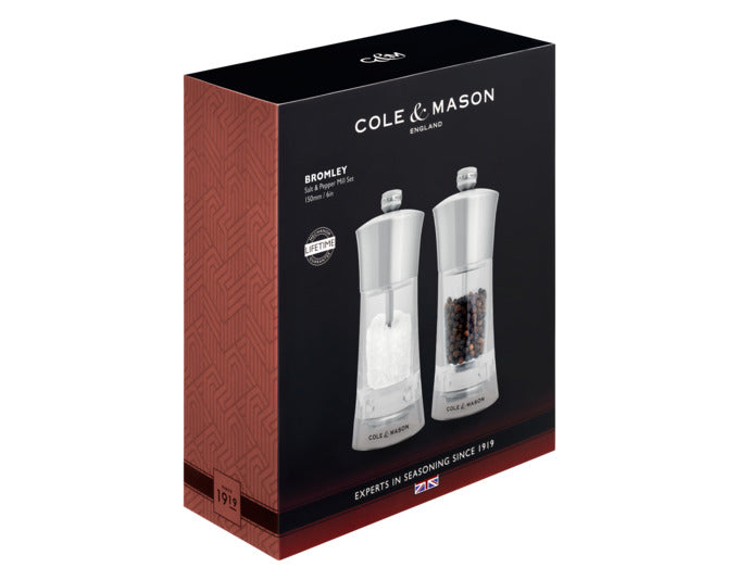 Entdecken Sie das COLE & MASON Bromley Pfeffer- und Salzmühlen-Set aus Acryl und Edelstahl. Stilvolles Design, präzises Keramikmahlwerk und praktische Größe für Ihre Küche.