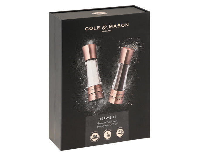 Entdecken Sie das stilvolle COLE&MASON Derwent Pfeffer- und Salzmühlen-Set in elegantem Kupfer. Hochwertige Materialien und präzises Mahlwerk für perfekten Geschmack.