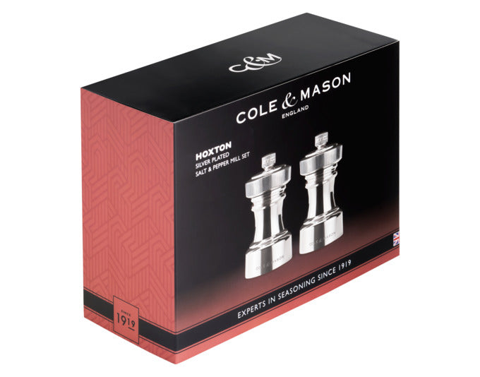 Elegantes COLE & MASON Pfeffer-/Salzmühlen Set Hoxton, versilbert, 10.4x5.5x5.5 cm – perfekte Kombination aus Stil und Funktionalität für Ihre Küche.
