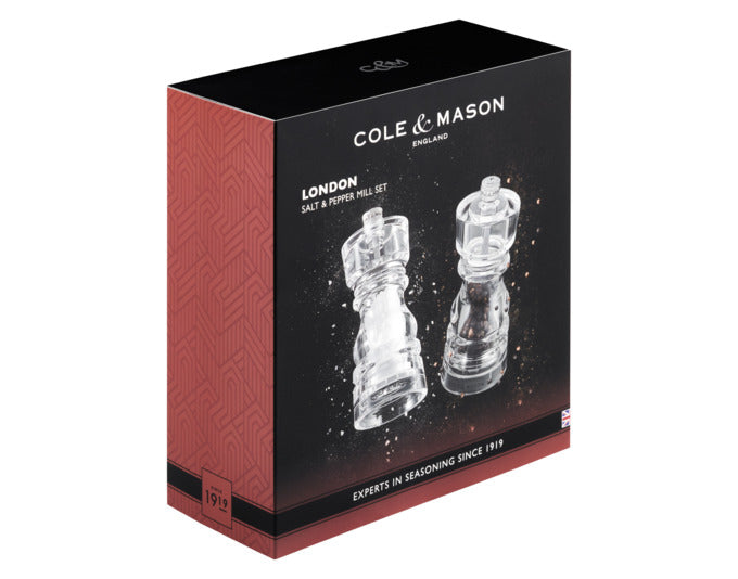 Entdecken Sie das elegante COLE & MASON Pfeffer-/Salzmühlen-Set London aus hochwertigem Acryl. Perfekt für jede Küche!