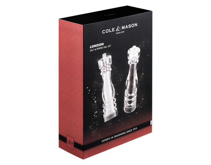 Entdecken Sie das elegante COLE & MASON Pfeffer-/Salzmühlen Set London aus Acryl. Stilvoll, funktional und perfekt für jede Küche!