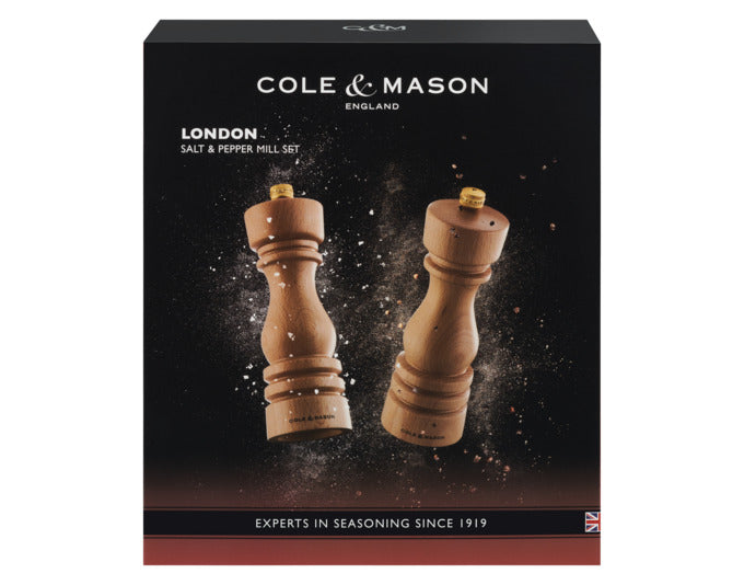 Entdecken Sie das COLE & MASON Pfeffer-/Salzmühlen Set London aus natürlichem Buchenholz. Elegantes Design, präzise Mahlwerke und individuelle Mahlgrade für perfekten Genuss.