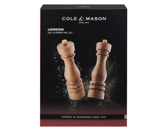 Entdecken Sie das COLE&MASON Pfeffer-/Salzmühlen Set London aus natürlichem Buchenholz. Elegantes Design trifft auf präzise Mahlwerke für perfekten Geschmack.