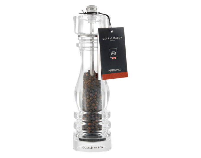 Entdecken Sie die COLE & MASON Pfeffermühle London Acryl (22x5.8x5.8 cm) – ein stilvolles Küchenaccessoire mit einstellbarem Mahlgrad und einfacher Pflege.