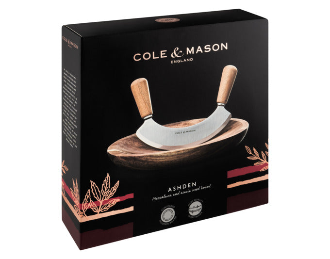 Entdecken Sie das COLE&MASON Wiegemesser mit Akazienbrett – Ihr stilvoller Küchenhelfer für präzises Schneiden und Hacken.