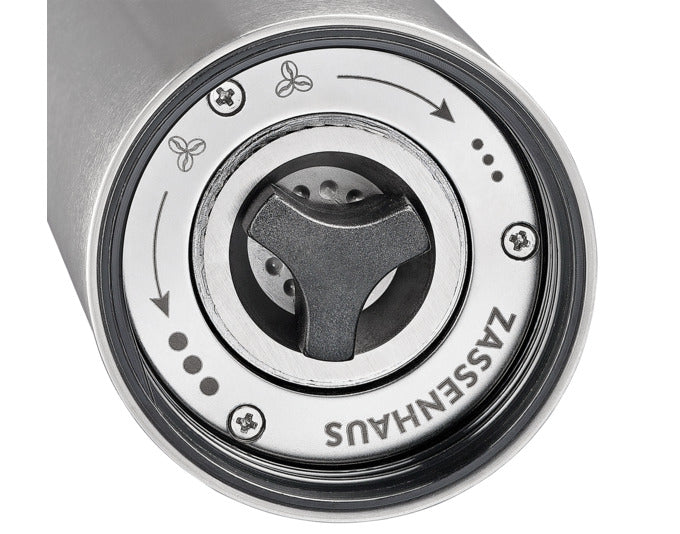 Entdecken Sie die ZASSENHAUS Kaffeemühle Mano – ein elegantes Edelstahl- und Glas-Design für präzises Mahlen und perfekten Kaffeegenuss.