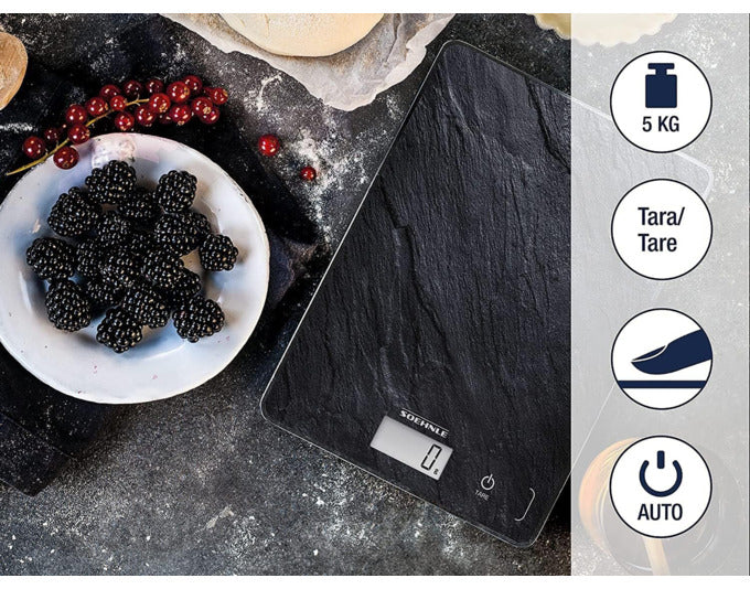 Entdecken Sie die SOEHNLE Page Compact 300 Küchenwaage in stilvollem Schieferdesign. Präzise, kompakt und ideal für jede Küche!