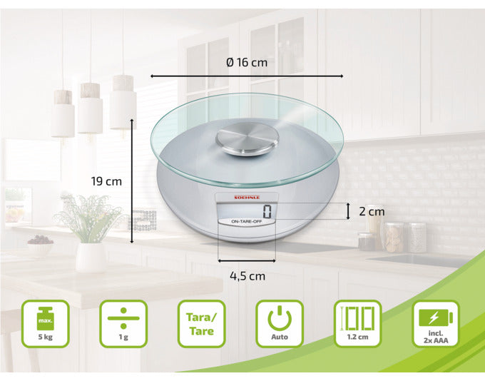 Entdecken Sie die SOEHNLE Küchenwaage Roma 5 kg in elegantem Silber – präzise, stilvoll und einfach zu reinigen. Ideal für Ihre Kochabenteuer!