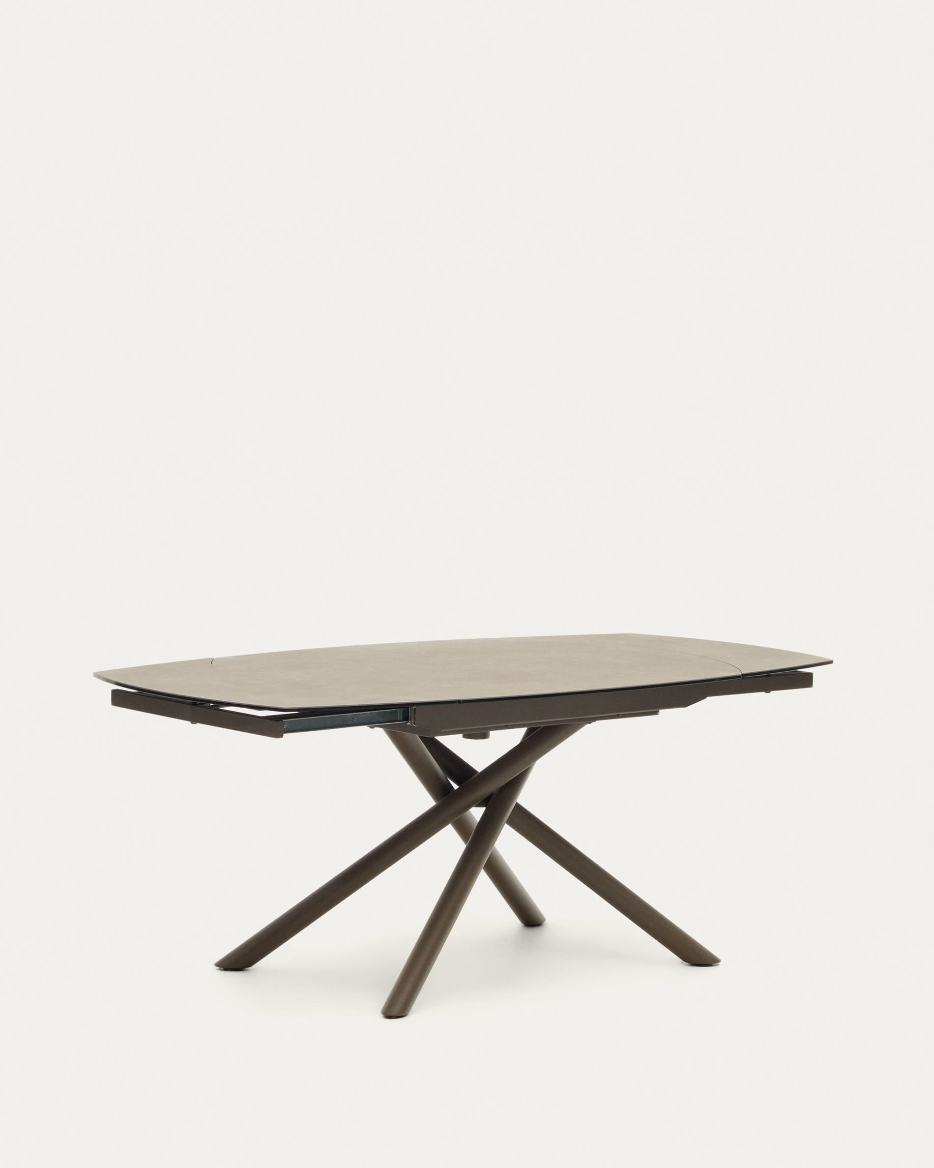 Moderner Yodalia Ausziehtisch mit brauner Feinsteinzeugplatte und robusten Stahlbeinen, 130-190x100 cm, ideal für stilvolle Räume.