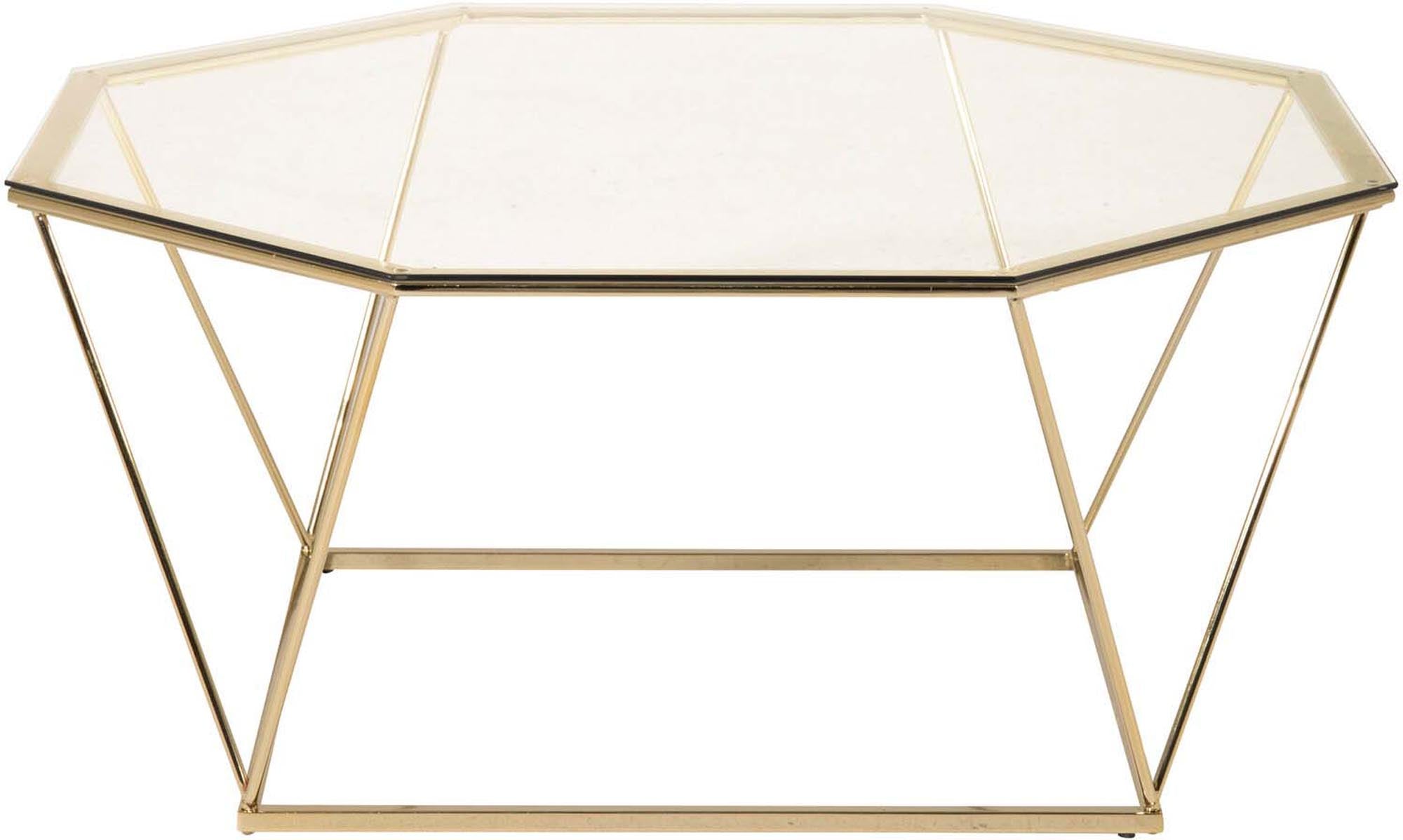 Eleganter Beistelltisch mit achteckiger Glasplatte und goldenem Stahlrahmen, ideal für stilvolle Wohnräume.