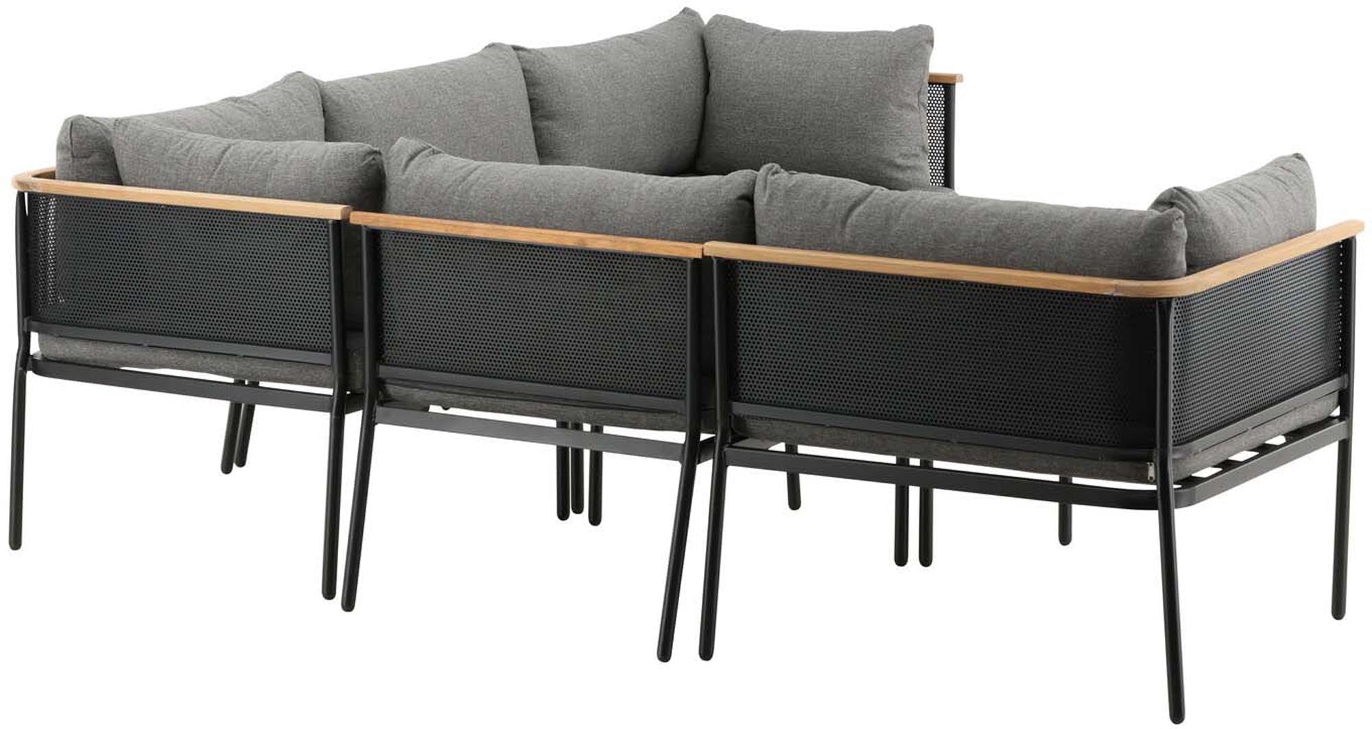 Stilvolles Nettan Ecksofa Outdoorset: Modulares Design, robustes Metall, komfortable Kissen, eleganter Teakholz-Couchtisch.