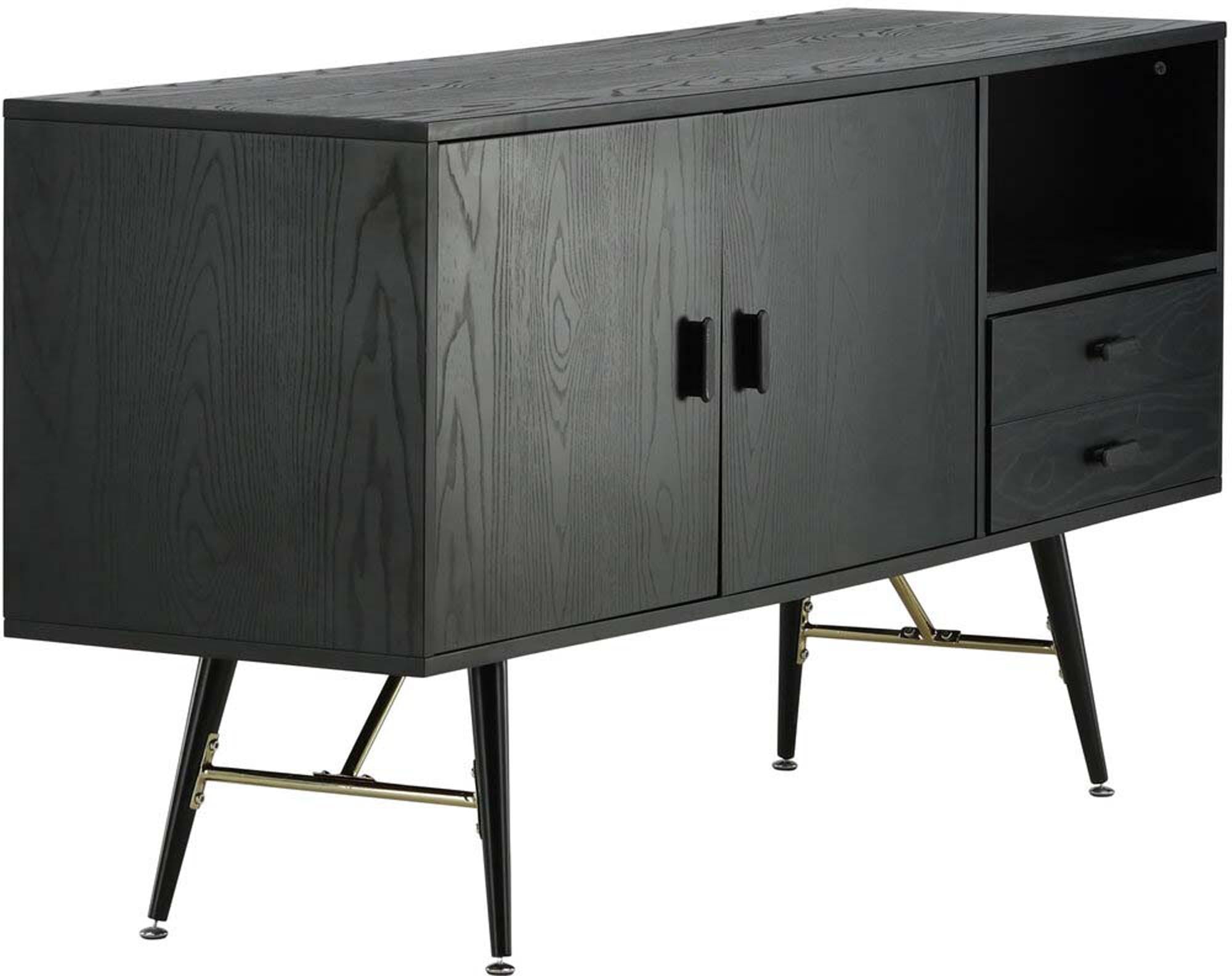 Luxuriöse Gold Kommode von Venture Home: Stilvolle Aufbewahrungslösung mit edlen Messingdetails und modernem schwarzen Furnier für Ihr Zuhause.